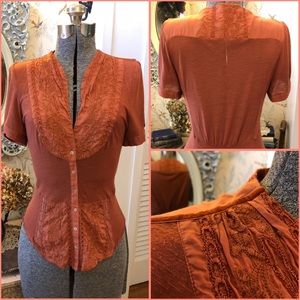 Anthropologie Tiny embroidered rust blouse